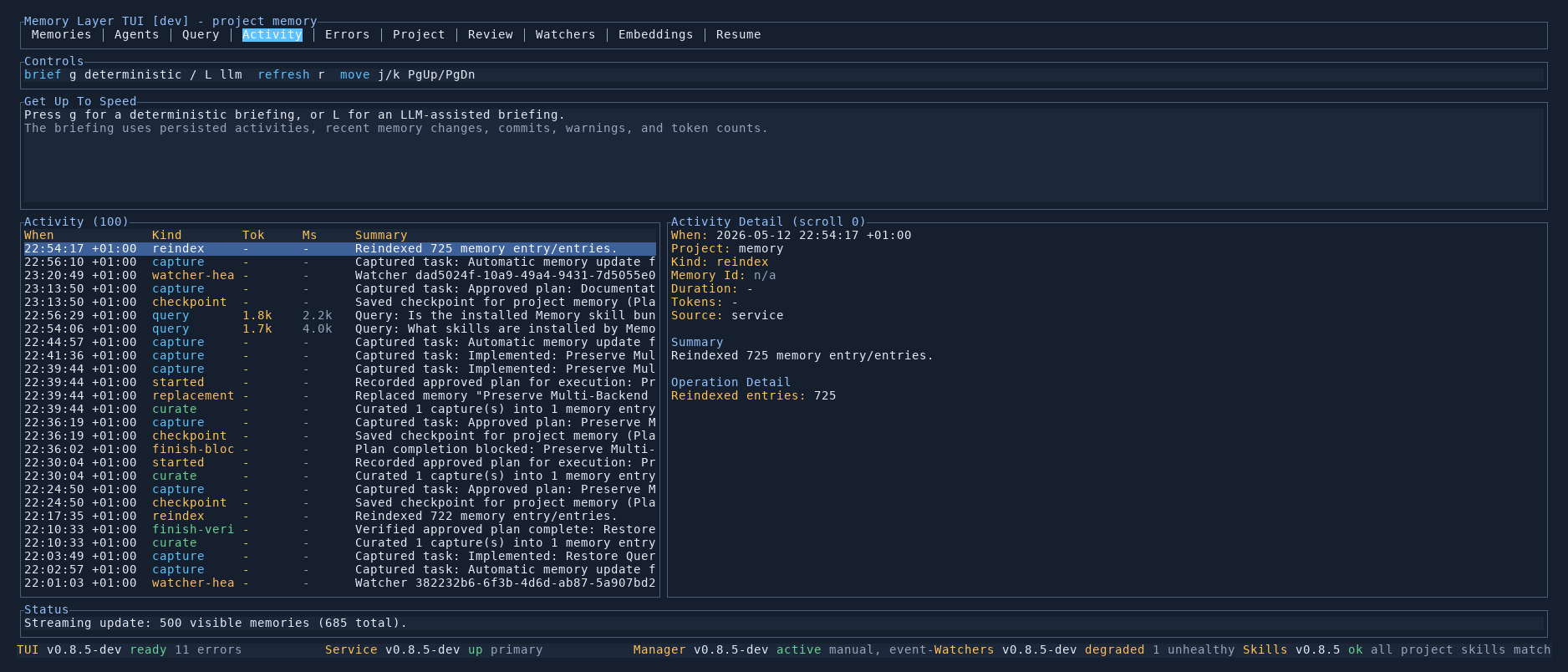 Memory Layer TUI Activity tab