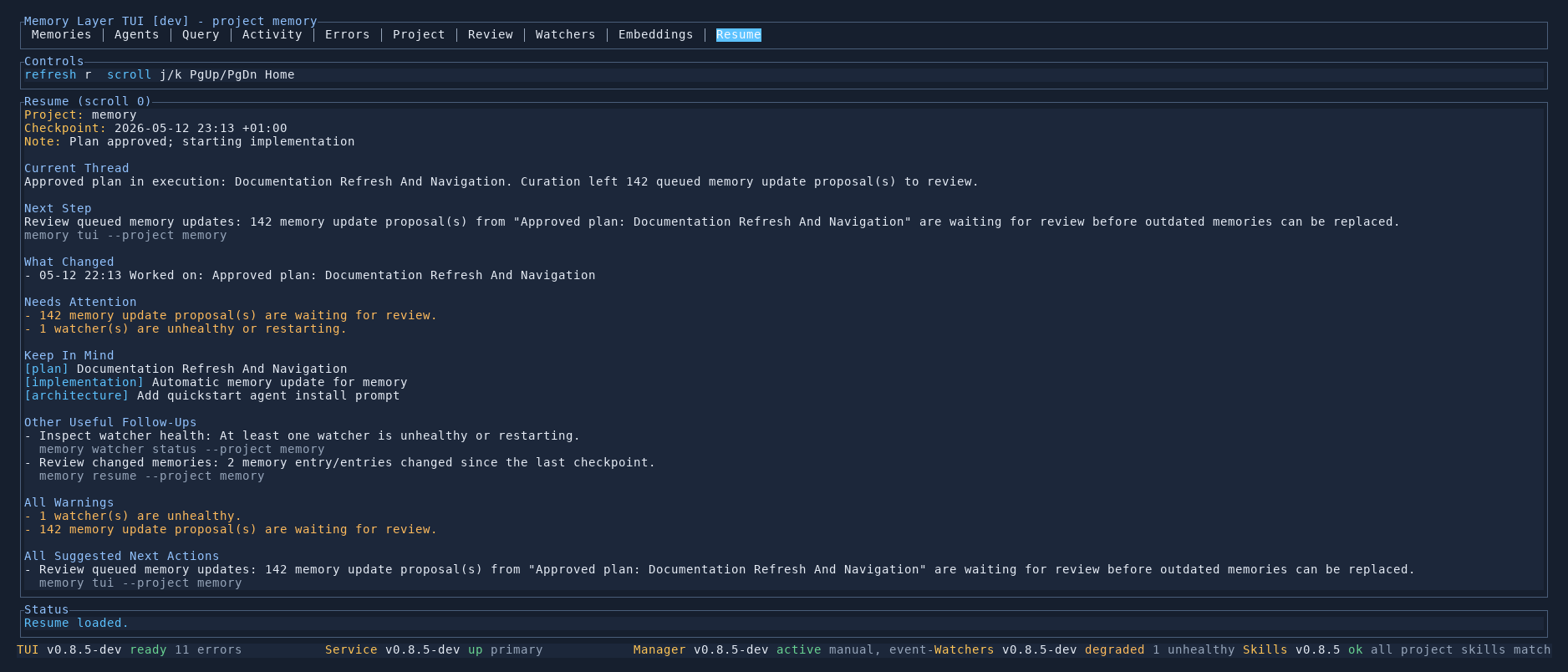 Memory Layer TUI Resume tab